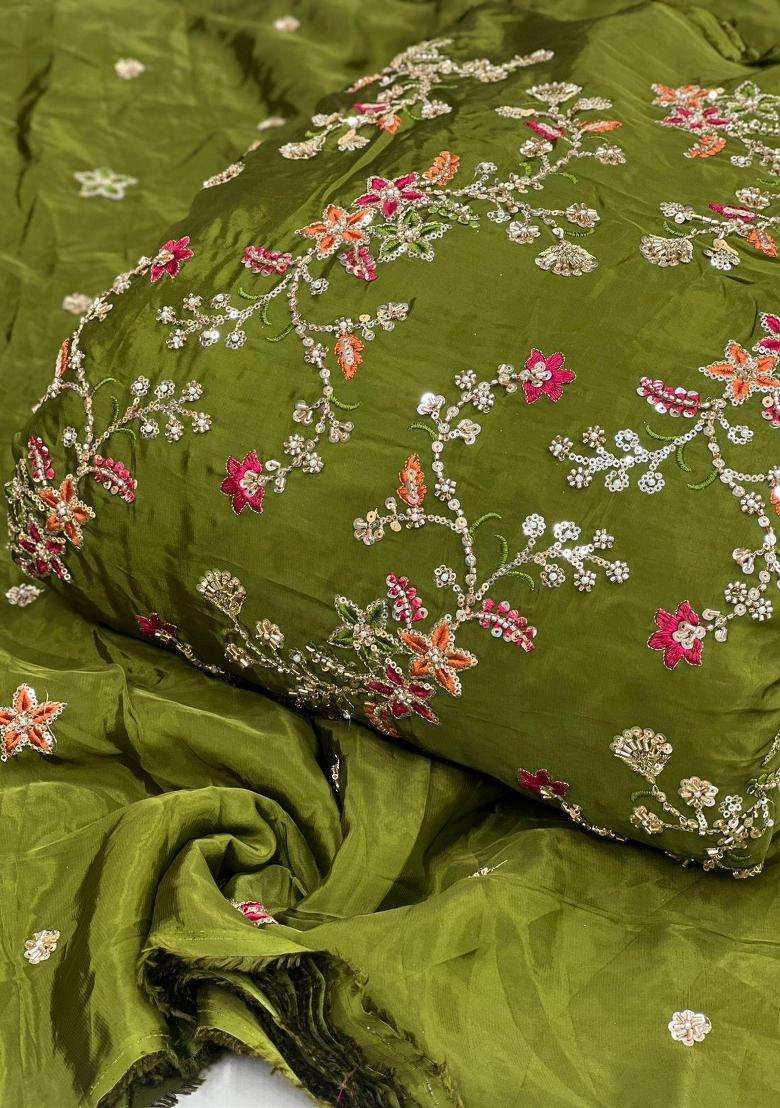 Olive Green Embroidered Crepe Lehenga Set - Indya