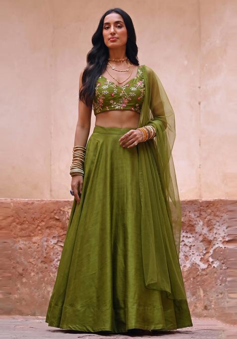 Olive Green Embroidered Crepe Lehenga Set