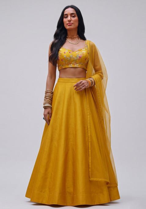 Mustard Yellow Embroidered Crepe Lehenga Set