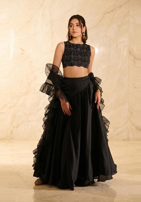 Jet Black Handwork Lehenga Set