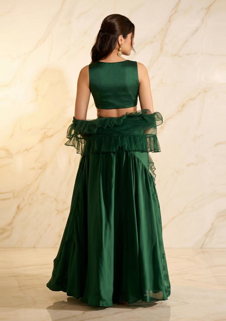 Emerald Green Handwork Lehenga Set - Indya