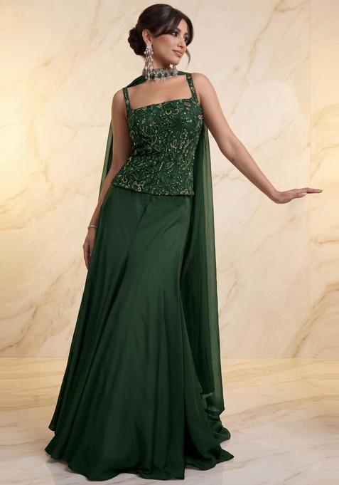 Dark Green Embroidered Handwork Lehenga Set