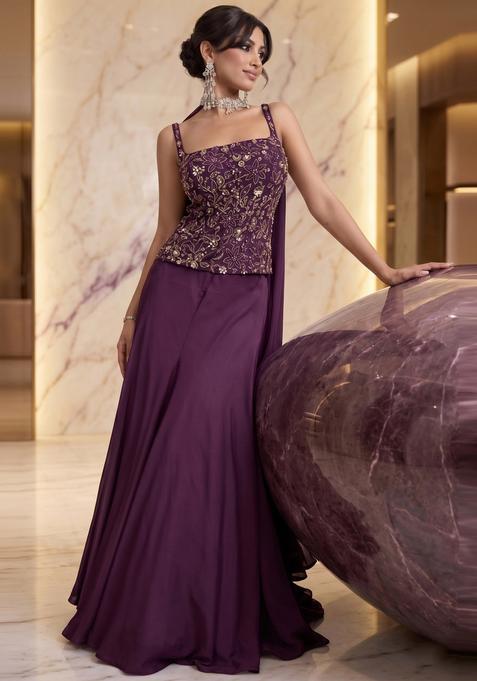 Deep Purple Embroidered Handwork Lehenga Set