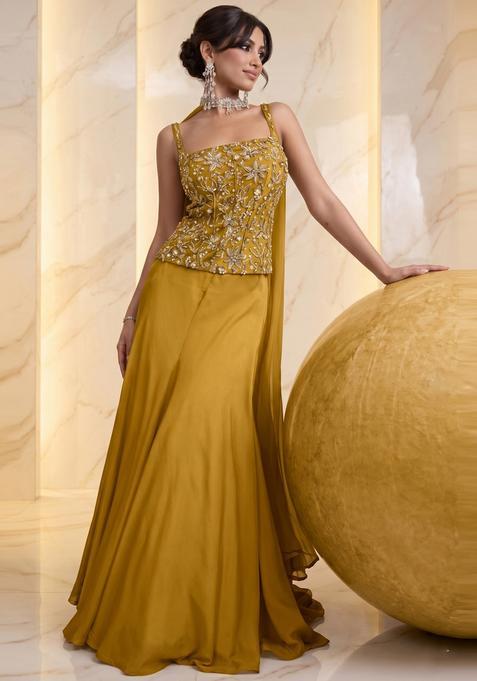 Mustard Embroidered Handwork Lehenga Set