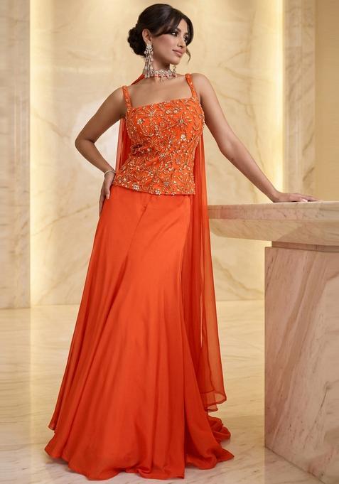 Bright Orange Embroidered Handwork Lehenga Set