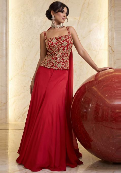 Deep Red Embroidered Handwork Lehenga Set