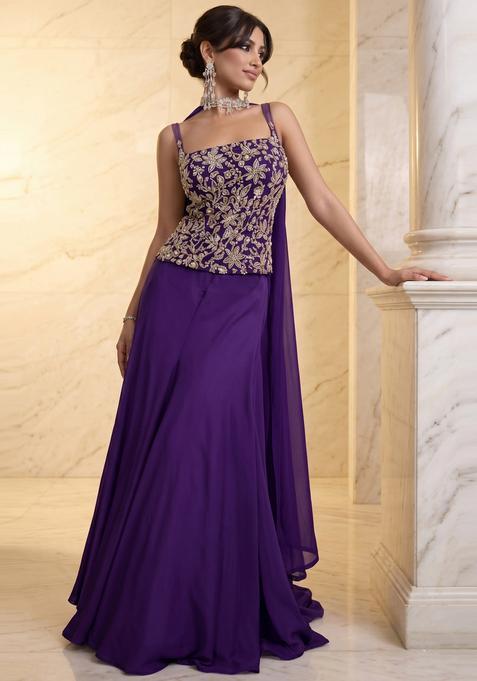 Deep Purple Embroidered Handwork Lehenga Set