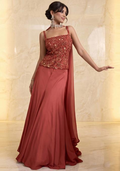 Brown Embroidered Handwork Lehenga Set