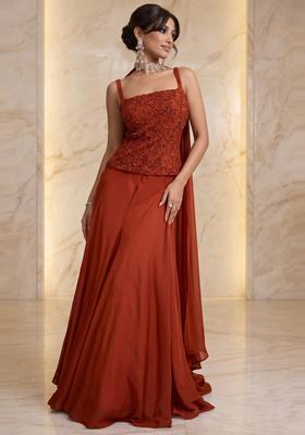 Burnt Orange Embroidered Handwork Lehenga Set