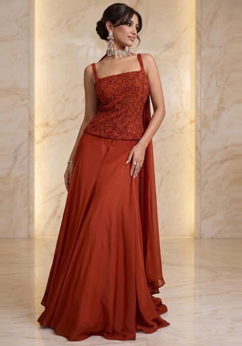 Burnt Orange Embroidered Handwork Lehenga Set