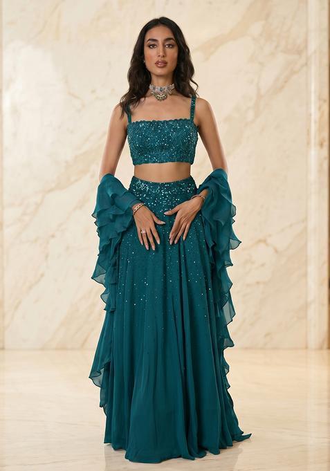Teal Embroidered Handwork Lehenga Set