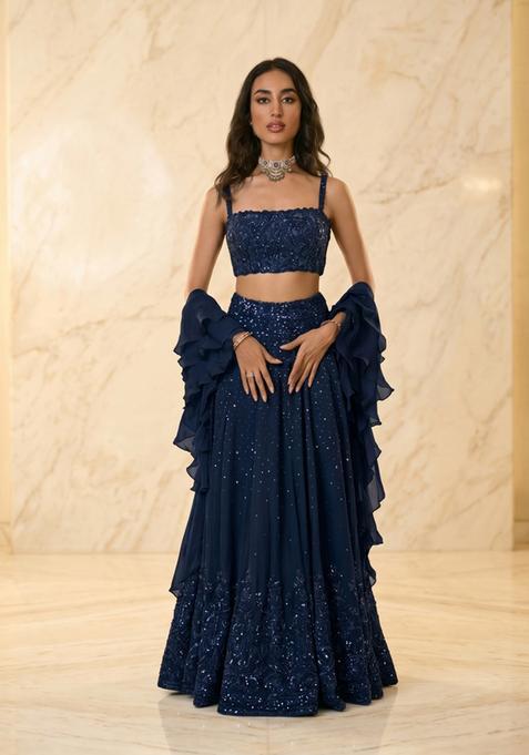 Navy Blue Embroidered Handwork Lehenga Set