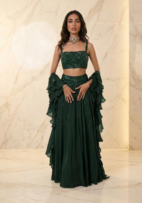 Dark Green Embroidered Handwork Lehenga Set