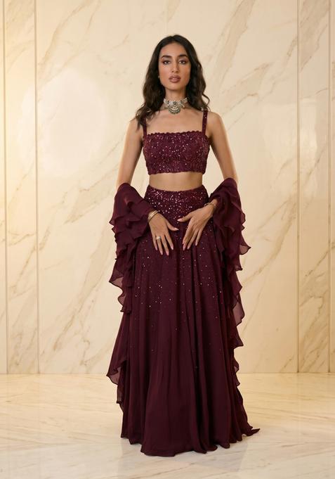 Deep Maroon Embroidered Handwork Lehenga Set