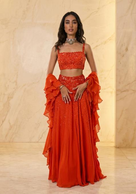 Bright Orange Embroidered Handwork Lehenga Set