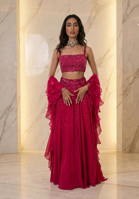 Magenta Embroidered Handwork Lehenga Set