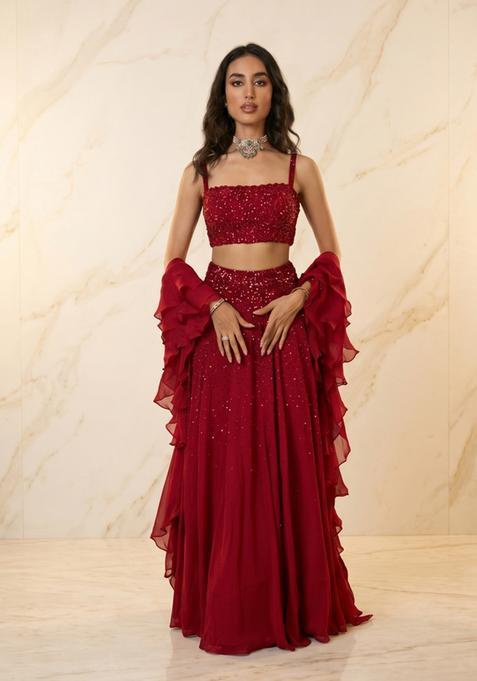 Deep Red Embroidered Handwork Lehenga Set
