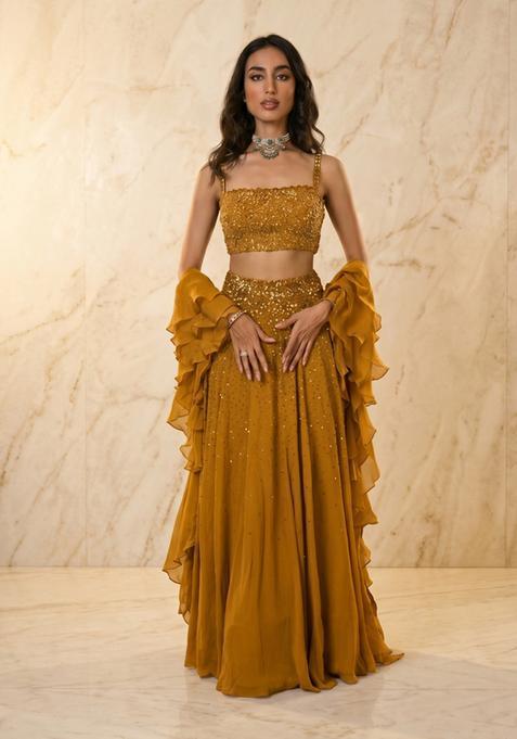 Mustard Embroidered Handwork Lehenga Set