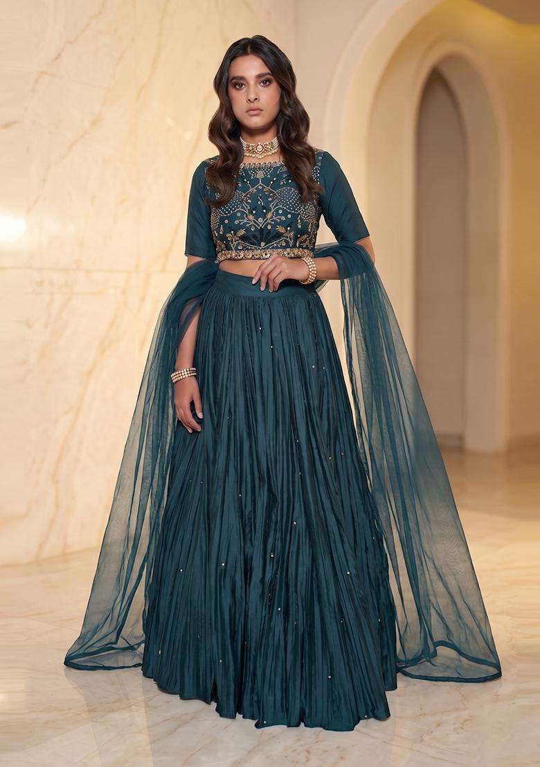 Deep Teal Embroidered Handwork Lehenga Set - Indya