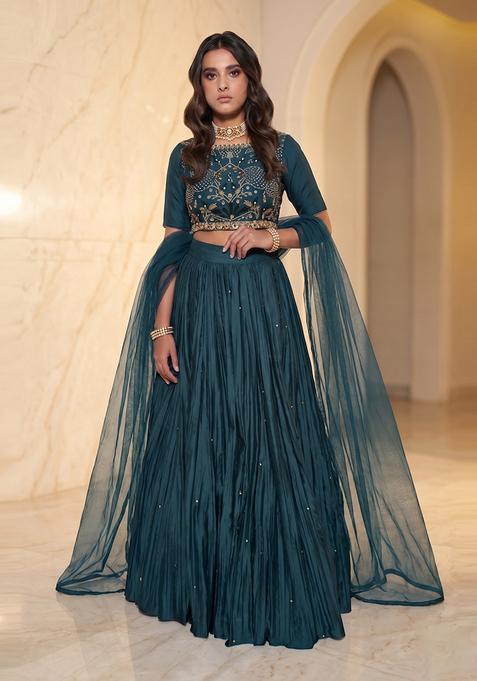 Deep Teal Embroidered Handwork Lehenga Set