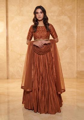 Copper Brown Embroidered Handwork Lehenga Set