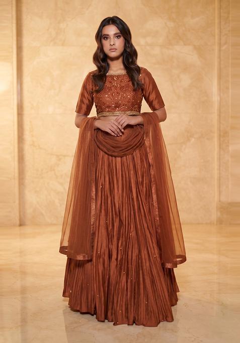 Copper Brown Embroidered Handwork Lehenga Set