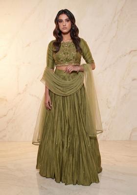 Olive Green Embroidered Handwork Lehenga Set