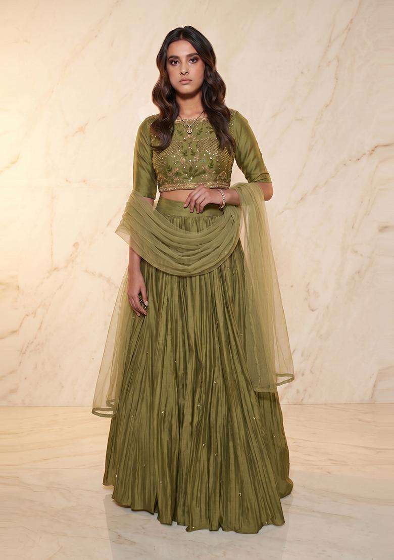 Olive Green Embroidered Handwork Lehenga Set - Indya