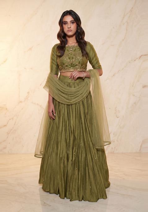 Olive Green Embroidered Handwork Lehenga Set