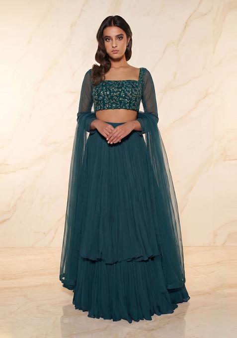 Dark Teal Embroidered Handwork Lehenga Set