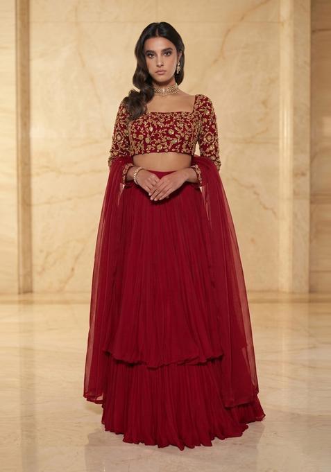 Red Embroidered Handwork Lehenga Set