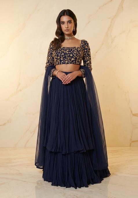 Navy Blue Embroidered Handwork Lehenga Set