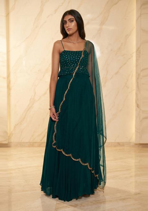 Emerald Green Embroidered Handwork Lehenga Set