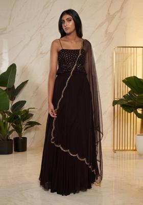 Dark Brown Embroidered Handwork Lehenga Set
