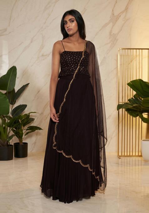 Dark Brown Embroidered Handwork Lehenga Set