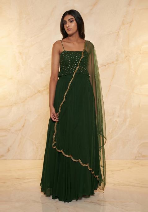 Forest Green Embroidered Handwork Lehenga Set