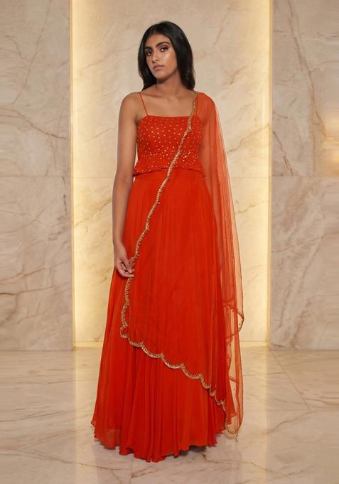 Bright Orange Embroidered Handwork Fusion Set