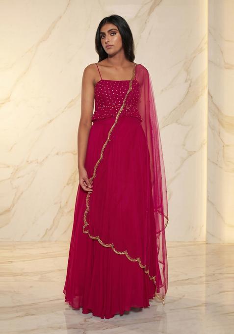 Magenta Embroidered Handwork Lehenga Set