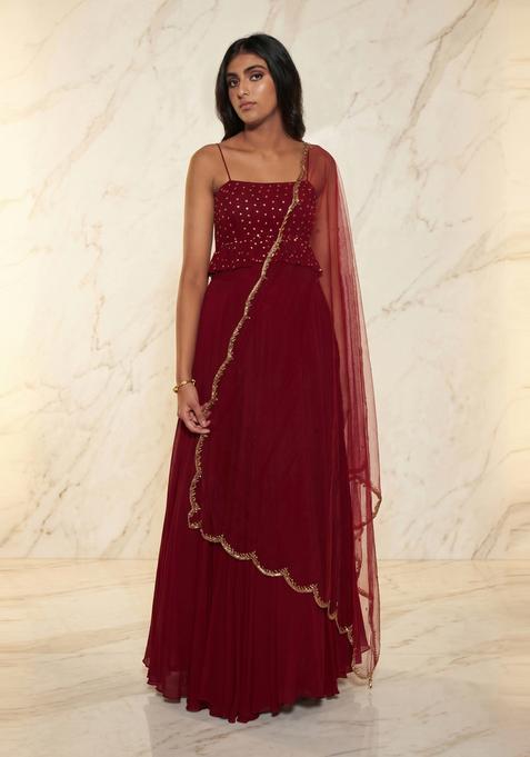 Deep Maroon Embroidered Handwork Lehenga Set