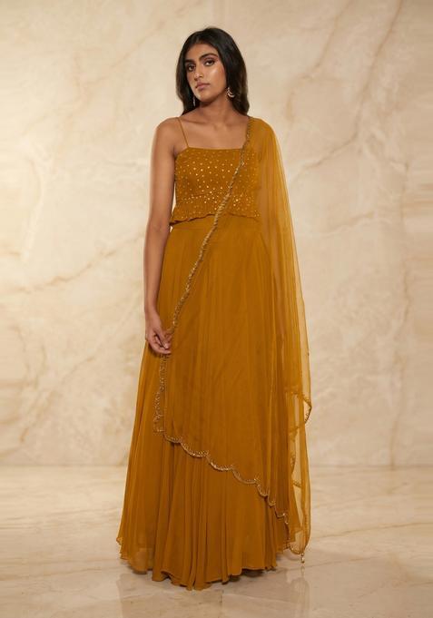 Mustard Embroidered Handwork Lehenga Set