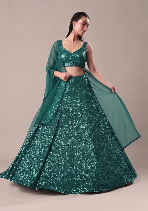 Teal Embroidered Georgette Lehenga Set