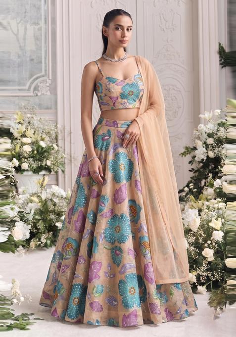 Beige Embroidered Organza Lehenga Set