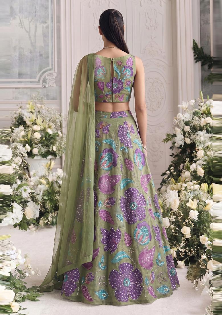 Olive Green Embroidered Organza Lehenga Set - Indya