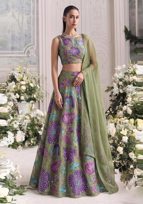 Olive Green Embroidered Organza Lehenga Set