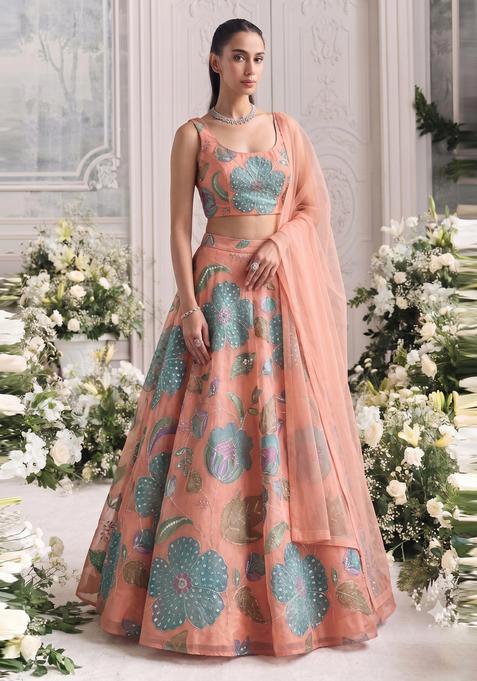 Peach Embroidered Organza Lehenga Set