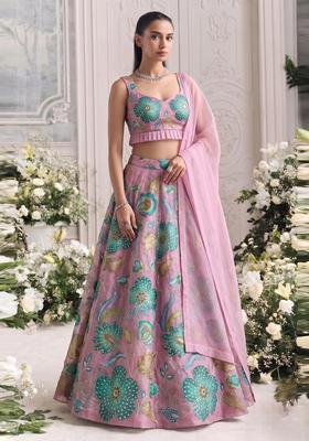 Pink Embroidered Organza Lehenga Set