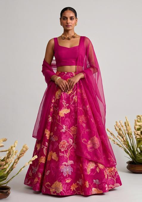 Magenta Embroidered Organza Lehenga Set