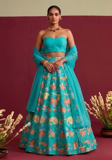 Turquoise Embroidered Organza Lehenga Set