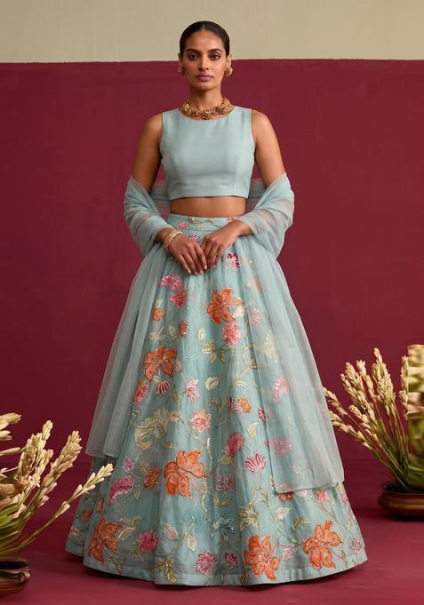 Pastel Blue Embroidered Organza Lehenga Set