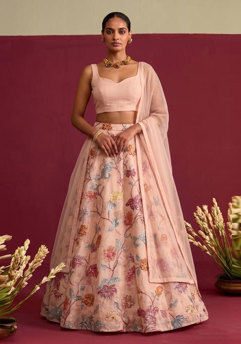 Peach Embroidered Organza Lehenga Set